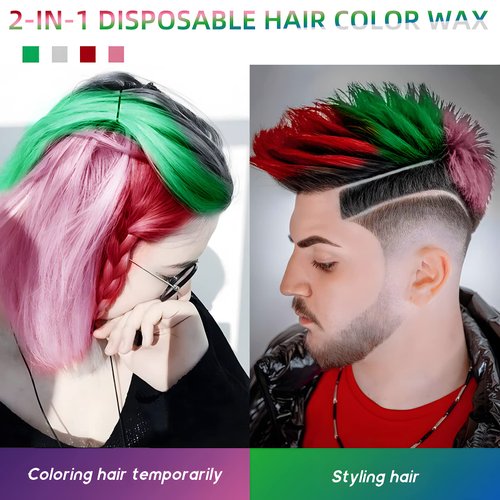 4 in 1 Temporary Hair Wax Color Grey Pink Red Green Instant Hairstyle Cream Hair Pomades Instant Hair Dye Wax for Women & Men Christmas Cosplay Date