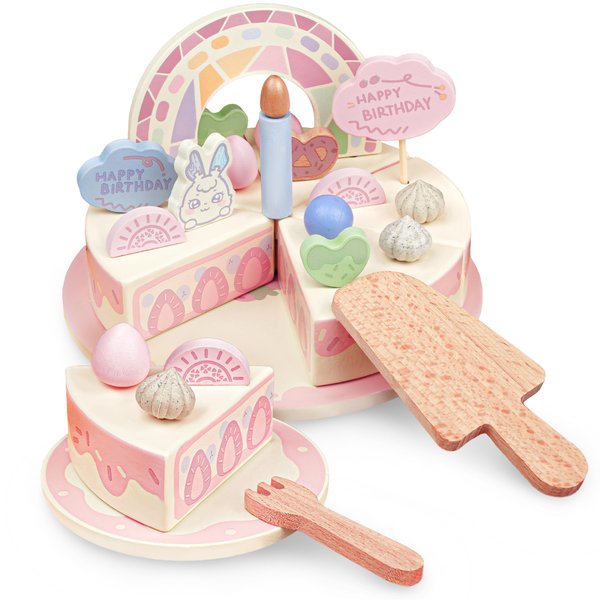 SMILESSKIDDO Birthday Cake Toy - Wooden Play Food Fake Birthday Cake Cutting Toys for 3 4 5 Year Old Girl Birthday Gift - Pretend Play Food with Candles&Plates,Tea Party Toys for Kids Age 3+ (28pcs)