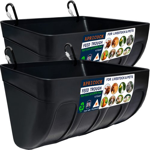 Goat Feeder, Hanging Duck Chicken Feeder, Fence Feed Trough, Goose Waterer Trough with Clips, Goat Supplies, 4.5 Quart, 2 Pack (Appearance Patent Product)