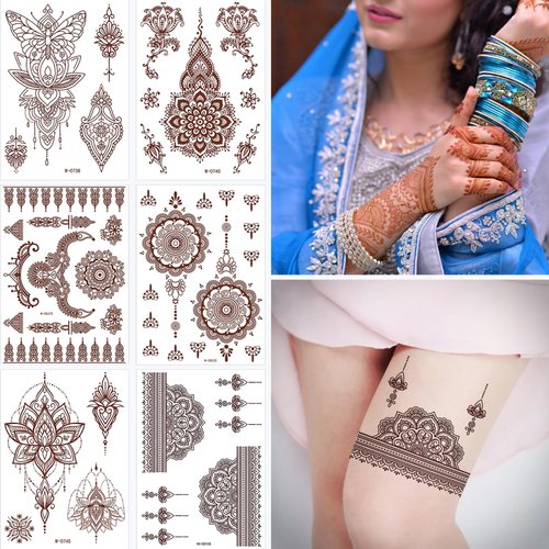Brown Lace Tattoo Stickers Lotus Flower Lace Temporary Tattoo Stickers Sexy India Tribal Fake Tattoo Sticker Self-Adhesive Finger Arm Body Art Accessories for Girl Woman 6sheets