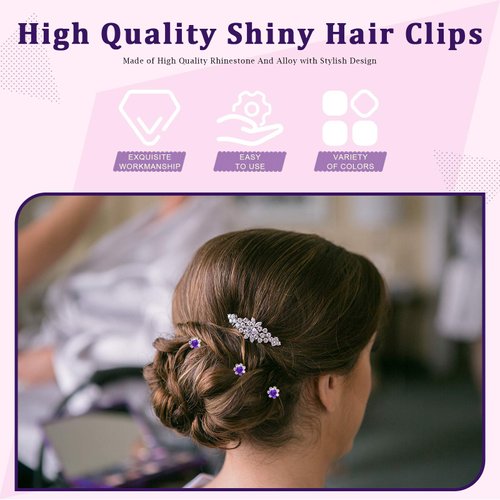 Rustark 40 Pcs Purple Crystal Hair Pins Rose Flower Rhinestone Hair Clips U Shaped Hair Pins Bobby Pins Bun Hairpins for Wedding Bridal Women Hair Jewelry Accessories with Storage Case