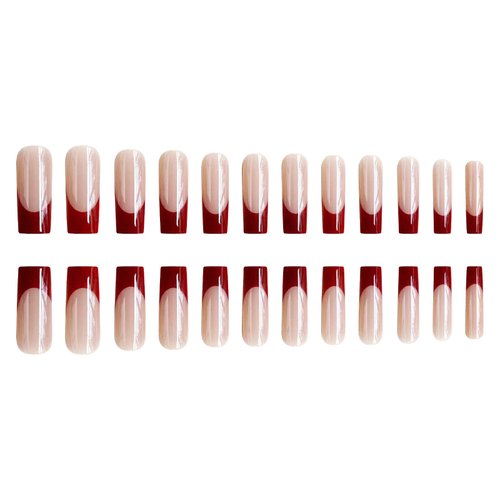 MERVF Long Square Press on Nails Red French Tip Fake Nails Squoval Glue on Nails Press on Artificial Acrylic Nails 24pcs Glossy False Nails with Design