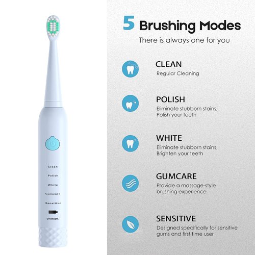 DHMXDC Sonic Electric Toothbrush for Kids and Adults, 5 Modes with 2 Min Build in Timer, Ultrasonic Toothbrush with 4 Brush Heads Charging Power Toothbrush