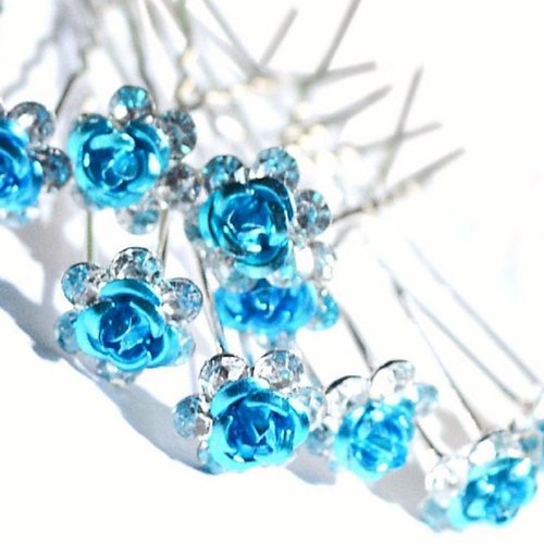 Various Beautiful Designs of Pearl/Crystals and Rhinestone Flower Hair Pins for Brides/Bridesmaids/Prom/Sweet Sixteen/Quinceanera/Weddings - Set of 20 (Blue Roses)
