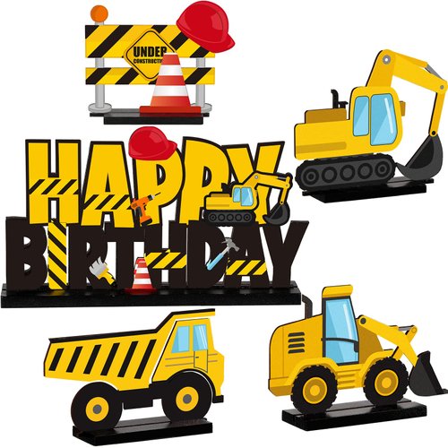 Capoda 5 Pcs Construction Wooden Table Centerpiece Construction Birthday Party Supplies Construction Party Decorations for Table Wood Excavator Table Topper Construction Party Supplies for Birthday
