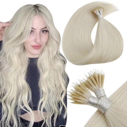 LaaVoo Nano Tip Hair Extensions Platinum Blonde Nano Beads Hair Extensions Nano Hair Extensions Soft for Short Hair 14 inch 50g 1g/strand