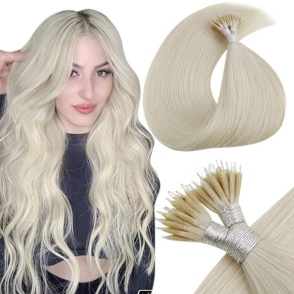 LaaVoo Nano Tip Hair Extensions Platinum Blonde Nano Beads Hair Extensions Nano Hair Extensions Soft for Short Hair 14 inch 50g 1g/strand