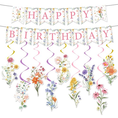Rngmsi Flower Birthday Decorations for Girls - 11PCS Girls Birthday Party Decorations Wildflower Happy Birthday Banner Garland Flower Hanging Swirls Decorations Birthday Party Decorations for Women