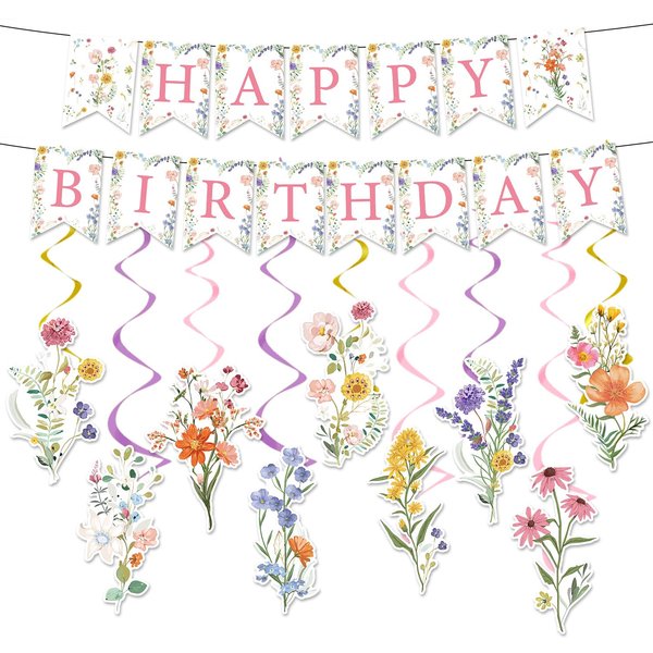Rngmsi Flower Birthday Decorations for Girls - 11PCS Girls Birthday Party Decorations Wildflower Happy Birthday Banner Garland Flower Hanging Swirls Decorations Birthday Party Decorations for Women