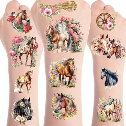 Floral Horse Temporary Tattoos for Kids - 200+ Horse Tattoos Temporary for Kids Horse Fake Tattoos Cowgirl Birthday Party Decor Watercolor 3D Realistic Tattoos Western Rodeo Themed Party Supplies