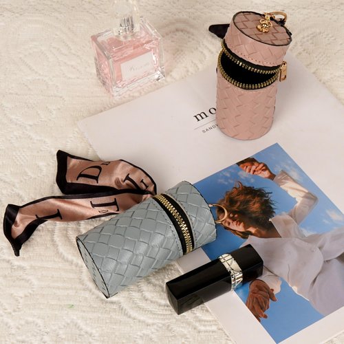 Philo Fun 2 Pack Lipstick Organizer Case – Boho Braided Design with Scarf Accent, Portable Cylinder Travel Lip Gloss Balm Holder with Zipper and Keychain, Blue and Pink