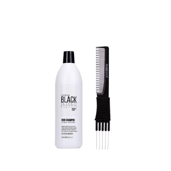 kuss Inebrya Black Pepper Iron Shampoo (33.8 oz) with Teasing Comb Pack of 1