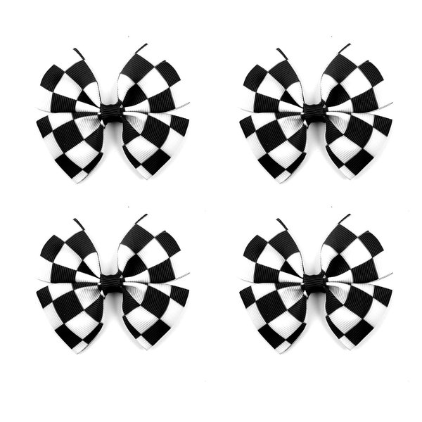 4pcs Black and White Checkered Bow Hair Clips,Racing Checkered Flag Hair Bow Clips,Racing Flag Checkered Hair Clip,White Racing Fan Pigtail Hair Accessories for Racing Fan, Teens,Girls(2.5INCH)