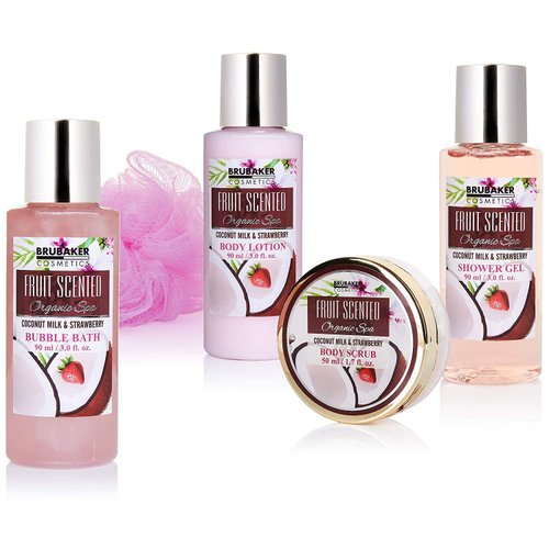 BRUBAKER Cosmetics Bath and Shower Set - Coconut and Strawberry Scent - 5 Pcs Spa Gift Set for Women - Skin Care Gift Box for Wife Girlfriend or Best Friend