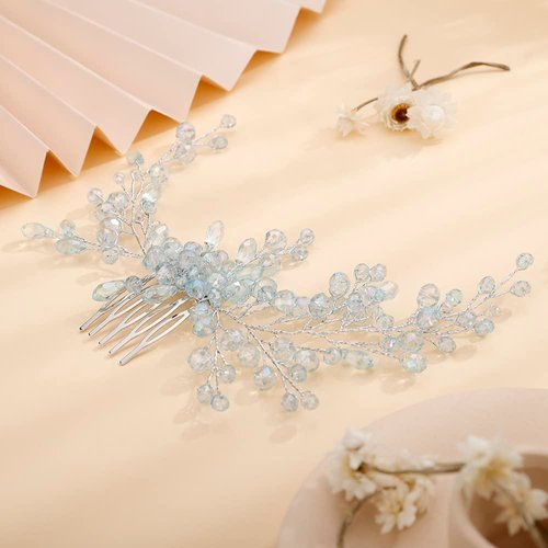 Teyglen Dainty Blue Rhinestones Bridal Hair Comb Headband with Crystals for Women and Girls (Light Blue)