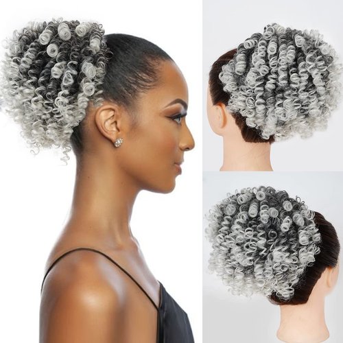 Halcyon Curly Ponytail Extension for Black Women Drawstring Ponytail Hair Extensions (6inch, Ombre Sliver)