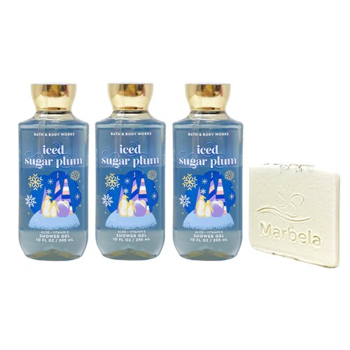 Bath & Body Works Iced Sugar Plum 3 Pack Shower Gel Set with a Natural Oats Sample Soap