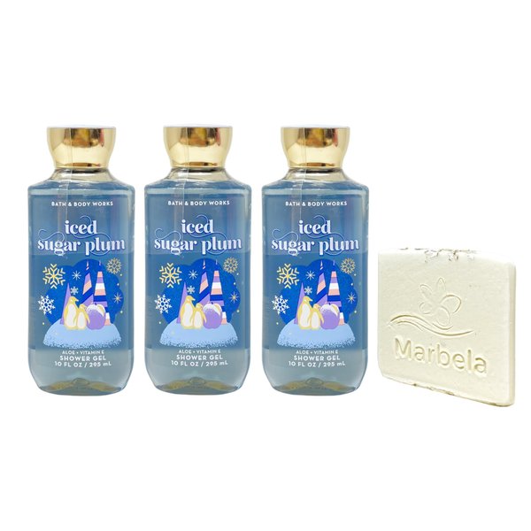 Bath & Body Works Iced Sugar Plum 3 Pack Shower Gel Set with a Natural Oats Sample Soap