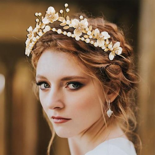 Gortin Flower Crown Bride Wedding Headband Gold Leaf Bridal Princess Headpiece Pearl Wedding Tiara Hair Accessories for Women