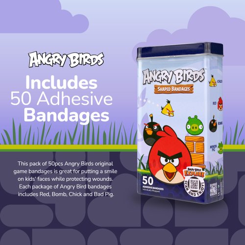 BioSwiss Bandages, Angry Birds Game Shaped Self Adhesive Bandage, Latex Free Sterile Wound Care, Standard Shape for Kids and Adults, 50 Count