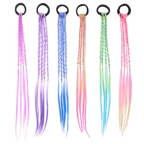 6Pcs Colored Hair Extensions with Rubber Bands, Gradient Braided Wig Ponytail, Crazy Hair Day Accessories for Girls Halloween, Rubber Band Braid Hair Extensions for Girls