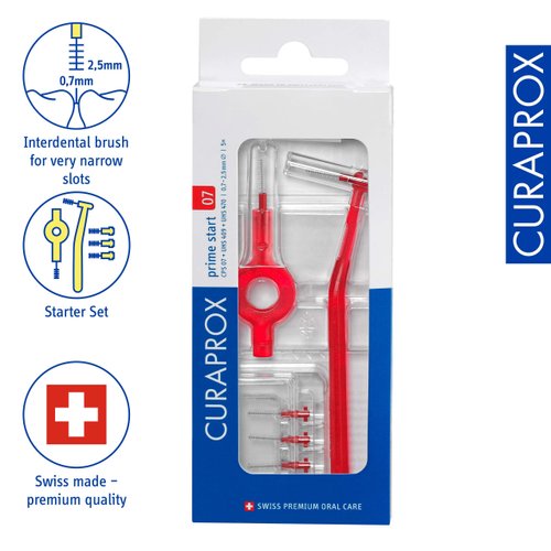Curaprox CPS 07 Prime Start Interdental Brushes Set, 5 interdental Brushes CPS 07 Prime + 1 Holder UHS 409 + 1 Holder UHS 470, 0.7 mm to 2.5 mm, Red