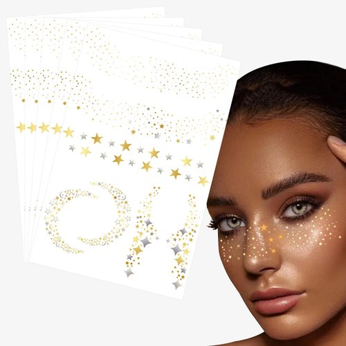 Yosca Glitter Freckles Face Tattoo, 5 Pcs Metallic Gold Silver Temporary Tattoos for Body Face Freckle Makeup, Waterproof Glitter Makeup Patches for Christmas Concert Party Girl Women Rave Accessories
