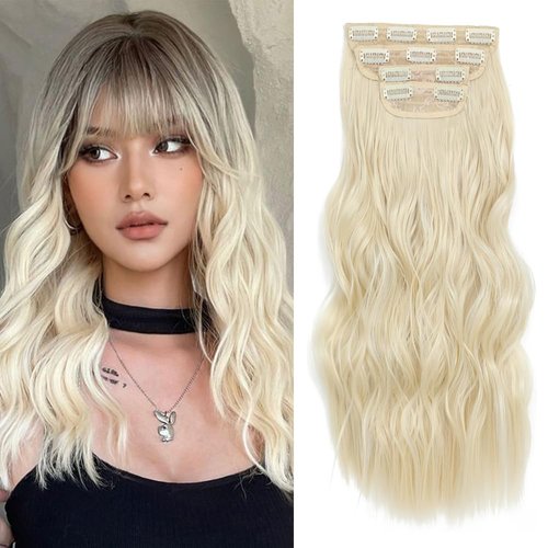 Hair Extensions Long Wavy Clip In Hair Extensions Bleach Blonde Synthetic Hair Extensions Clip Ins 4PCS Thick and Blend Well Fiber Hairpieces for Women