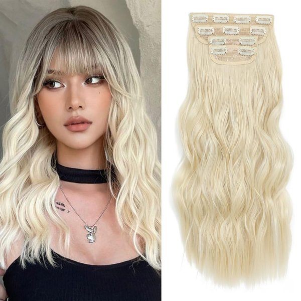 Hair Extensions Long Wavy Clip In Hair Extensions Bleach Blonde Synthetic Hair Extensions Clip Ins 4PCS Thick and Blend Well Fiber Hairpieces for Women