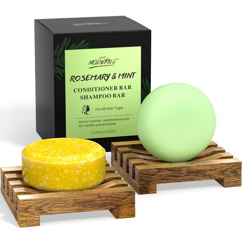 Rosemary Solid Shampoo and Conditioner Bar Set for Hair Growth, Straight Curly Oily Dry Hair Moisturizing Cleansing Zero Waste 2x80g Soaps 2 Wooden Holder Mother's Day Gift