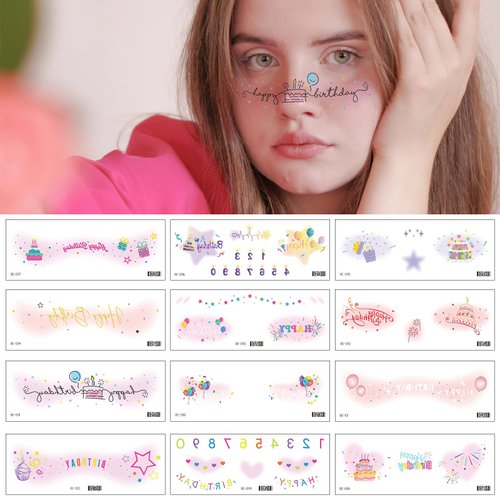 Boxkat 12 Sheets Face Temporary Tattoos Stickers Cute Sweetheart Happy Birthday Makeup Waterproof Art Tattoo Stickers for Women Girls Birthday Party Festival Makeup Decoration Accessories, Medium