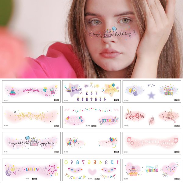 Boxkat 12 Sheets Face Temporary Tattoos Stickers Cute Sweetheart Happy Birthday Makeup Waterproof Art Tattoo Stickers for Women Girls Birthday Party Festival Makeup Decoration Accessories, Medium