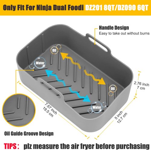 2Pcs Air Fryer Silicone Liners Rectangular for Ninja Foodi Dual DZ201 8QT/DZ090 6QT, MMH Reusable Airfryer Pot Replacement Baking Tray Basket Insert | Non-stick | Easy Cleaning | Food Safe | Gray