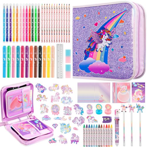Nicpro 110PCS Unicorn Fruit Scented Washable Markers Set, Arts and Crafts Coloring Set for Kids with Pencil Case Coloring Book Stamps, Art Supplies Unicorn Birthday Gifts for Girls 4 5 6 7 8 Year Old