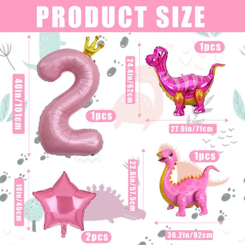 5pcs Pink Dinosaur Balloons, Girl Dinosaur Birthday Number Mylar Foil Balloon Pink Dinosaur 2nd Birthday Party Supplies Decorations (2nd)