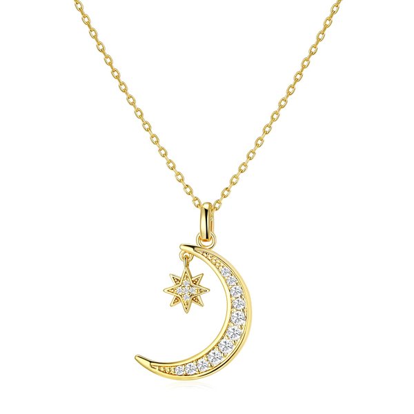 ASGEMSFJ White Gold Moon Necklace for Women 14K Moon and Star Pendant Dainty Trendy Gold Chain Necklace Jewelry Gift for Girls (yellow gold)