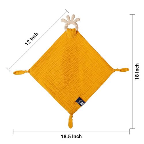 AmazingM Baby Muslin Security Blanket with Food Grade Silionce Teether,Soothe Teething Toy for Boys and Girls,100% Polyester (Yellow)