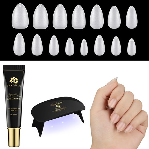 UNA GELLA Short Gel Tips Nail Kit, Glue Gel Nail Kit Short Almond with 15ML Solid Gel Glue,300PCS Extra Short Full Matte Nails with Portable Nail Lamp, DIY Nail Art Tools Gel Extension Nail Kit for Press On Nail