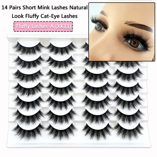 14 Pairs Short Mink Lashes Natural Look, 3D Wispy 12-18mm Cat-Eye Faux Mink Lashes Fluffy, Natural Wispy False Eyelashes Pack by Heracks (XK11)