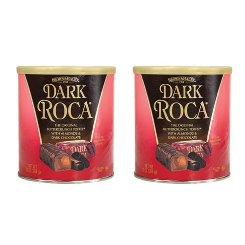 Brown & Haley Almond DARK ROCA Canister, Individually Wrapped Dark Chocolate Candy, Buttercrunch Toffee with Almonds Covered in Dark Chocolate, 10 Ounces (Pack of 2)