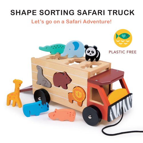 Mentari Toys - Shape Sorting Safari Truck - 9pc Wooden Pull Along Shape Sorter Toy - Montessori Activity Toy for Toddlers - Boost Fine Motor Skills and Shape Recognition - Educational Toy - Age 2+