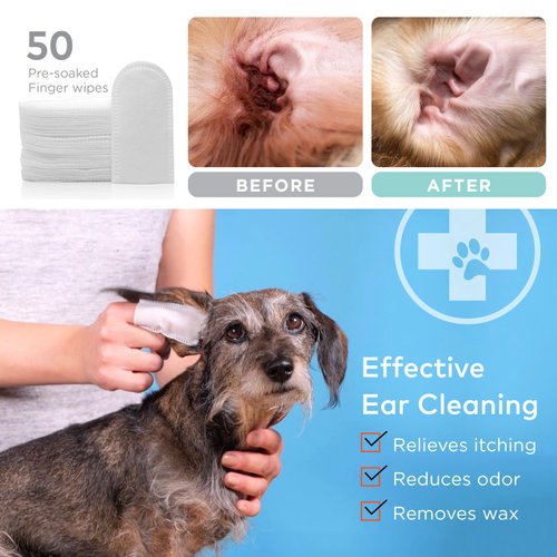 ARCA PET - Dog Ear Cleaner Wipes - Cleanser for Dogs - Ear Itching, Dissolves Wax, Dirt & Odor with Coconut Oil & Aloe Vera (50 Finger Wipes)