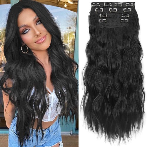 KooKaStyle Clip in Synthetic Hair Extensions Long Wavy 4PCS Thick Hairpieces Black Fiber Double Weft Natural Hair Extensions 24 Inch for Women