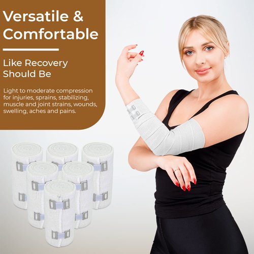 Nexskin 4" Organic Latex Free American Cotton - Comfort Elastic Bandage with Clip Fasteners - White, 6 Pack