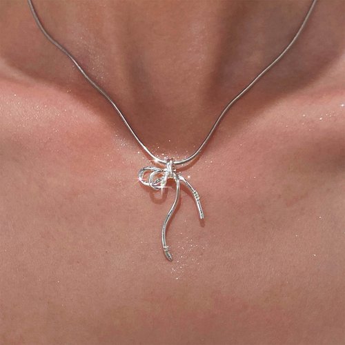 TseanYi Bow Pendant Necklace Silver Bow Knot Necklace Line Bow Tie Pendant Necklace Snake Chain Choker Necklace Minimalist Bow Snake Chain Necklace for Women Jewelry