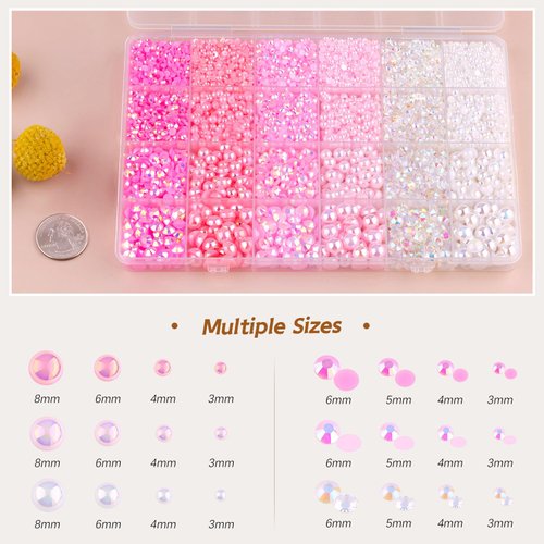 9000PCS Flatback Pearls and Rhinestones for Crafting, Pink White 3-10mm Resin Rhinestones and Half Pearls for Bedazzling, Nail Art and Dec with 3pcs B7000 Jewelry Glue, Tweezer and Pickup Pencil