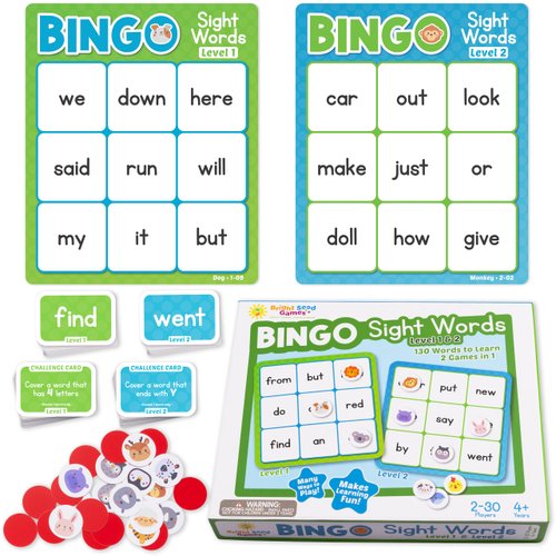 Sight Words Bingo Game for Kindergarten, Learn to Read Sight Word Cards, Word Games for Kids Ages 4-8, Bingo Sight Words Level 1&2