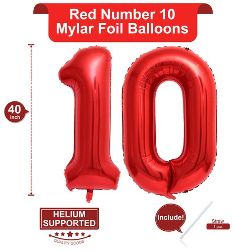 40 Inch Red 10 Number Balloons Giant 10 Balloons Red Birthday 10 Balloons 10th Birthday Anniversary Events Party Decorations Supplies