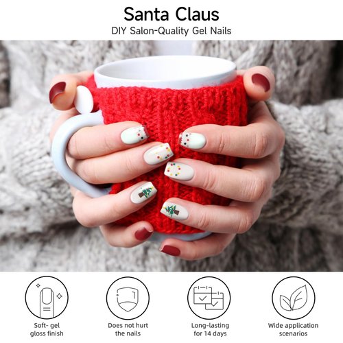 DUKASOU Christmas Semi Cured Gel Nail Strips, Santa Claus | 28 pcs Christmas Gel Nail Strips Work with Any UV Lamp, Salon Quality Nail Stickers for Christmas, Include Prep Pads, Nail File&Wood Stick