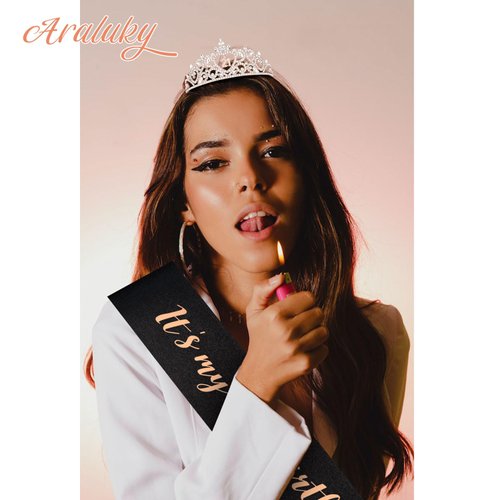 Araluky Happy 21st Birthday Decorations for Her with 21st Birthday Sash and Crown for Women, 21st Birthday Crown and Sash Happy Birthday Sash for Women 21st Birthday Gifts for Her Set